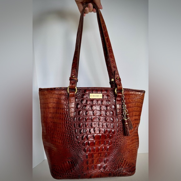 Brahmin Leather Asher Pecan Brown Tote Bag Purse Croc - Picture 1 of 15